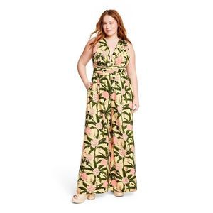 Women's Peony Botanical Print Jumpsuit - Agua Bendita Yellow/Dark Olive 1X